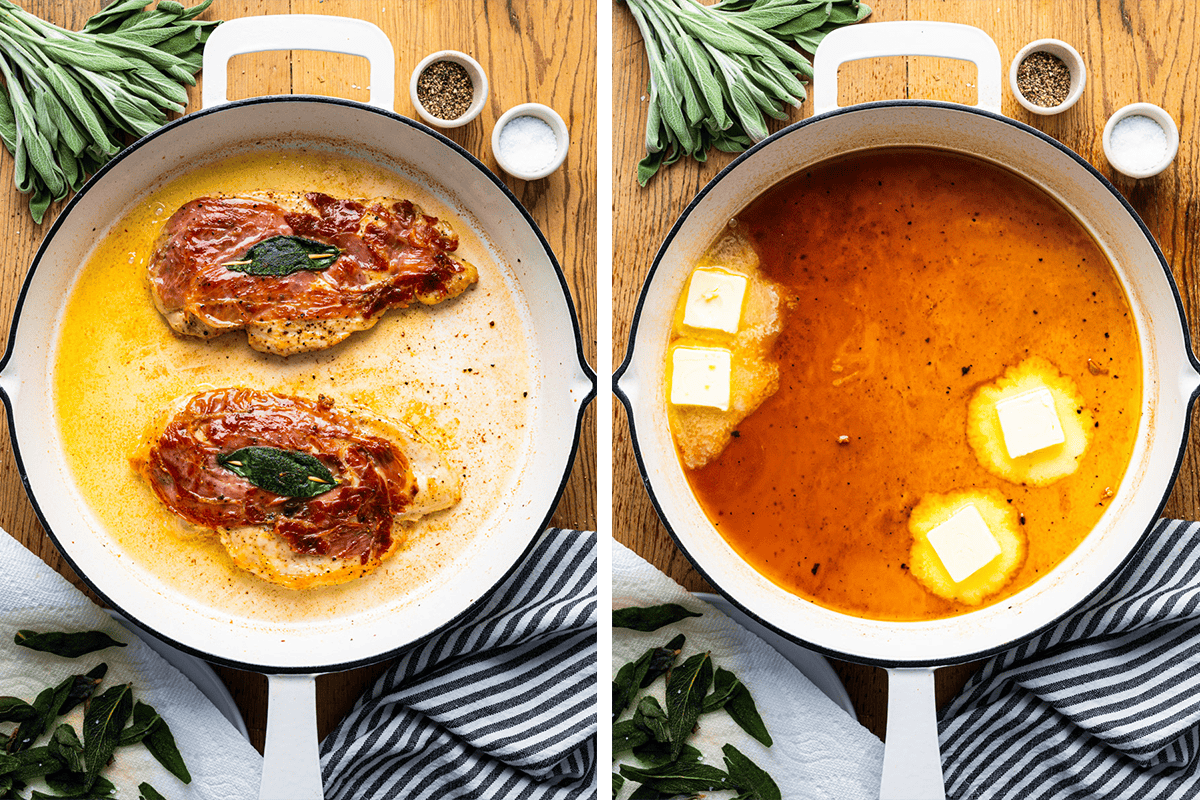 Cooking chicken cutlets  in olive oil until crisp; then making a pan sauce in an empty skillet with wine, stock, and butter.