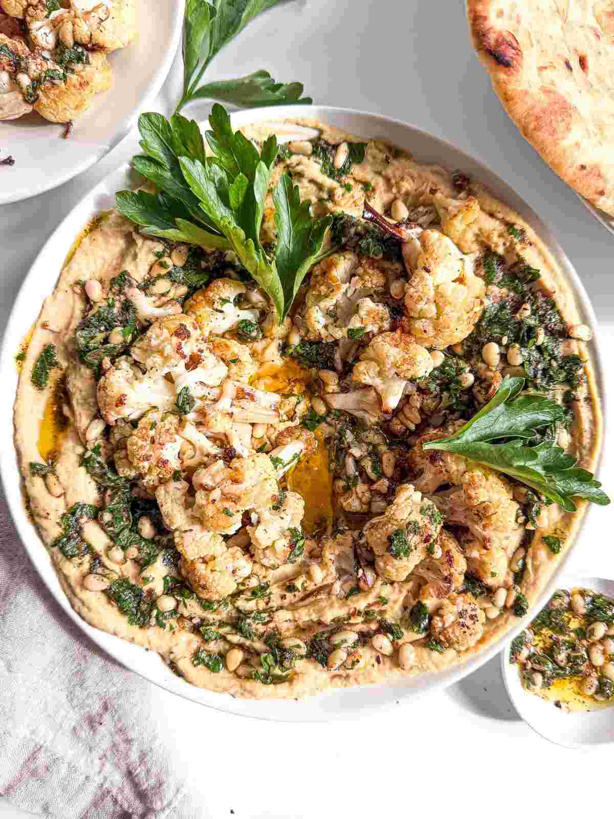 Crispy Roasted Cauliflower and Pine Nut Hummus