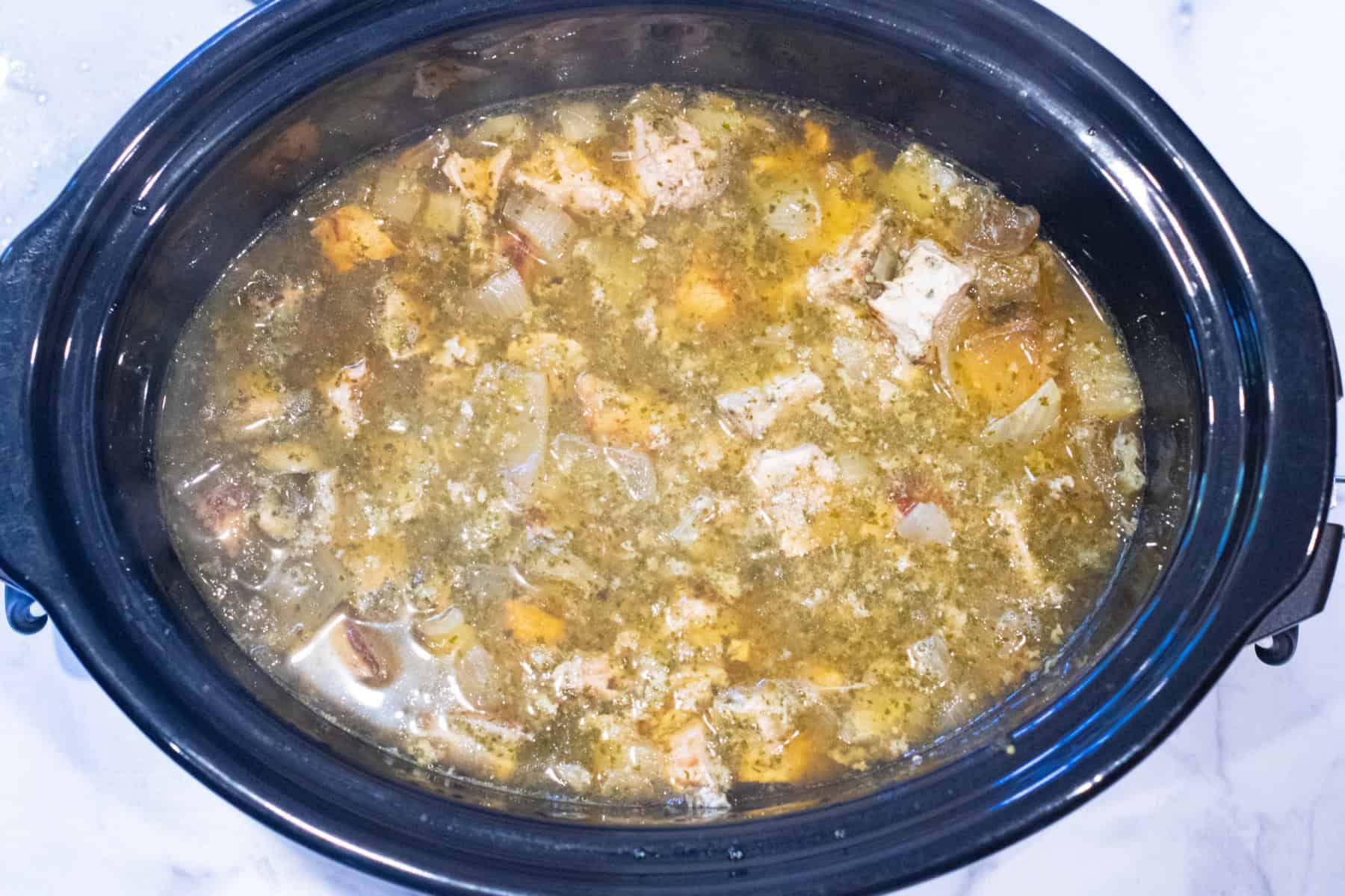 a crock pot of pork chili verde.