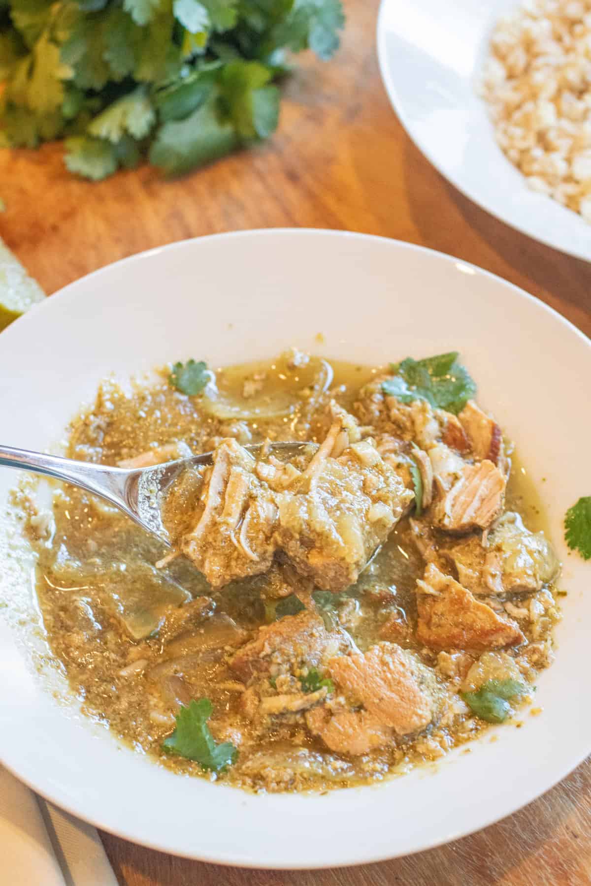 an overhead of a bowl of chili pork verde with a spoon in it.