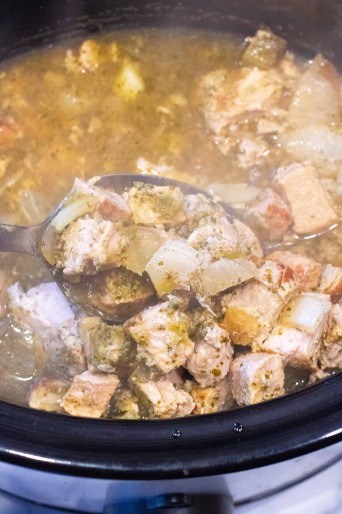 a crock pot of pork chili verde with a spoonful of it.