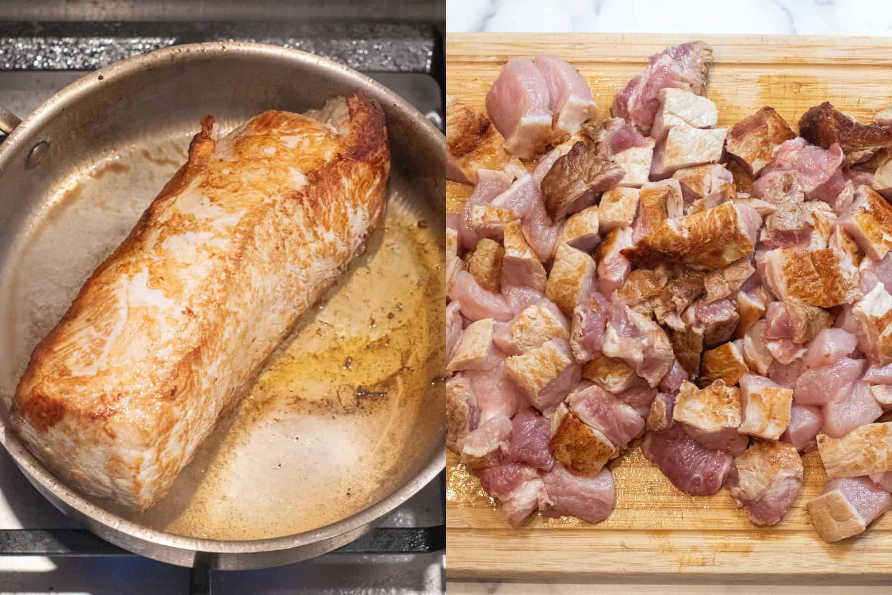 a pork loin searing in a pan and then it all cubed.