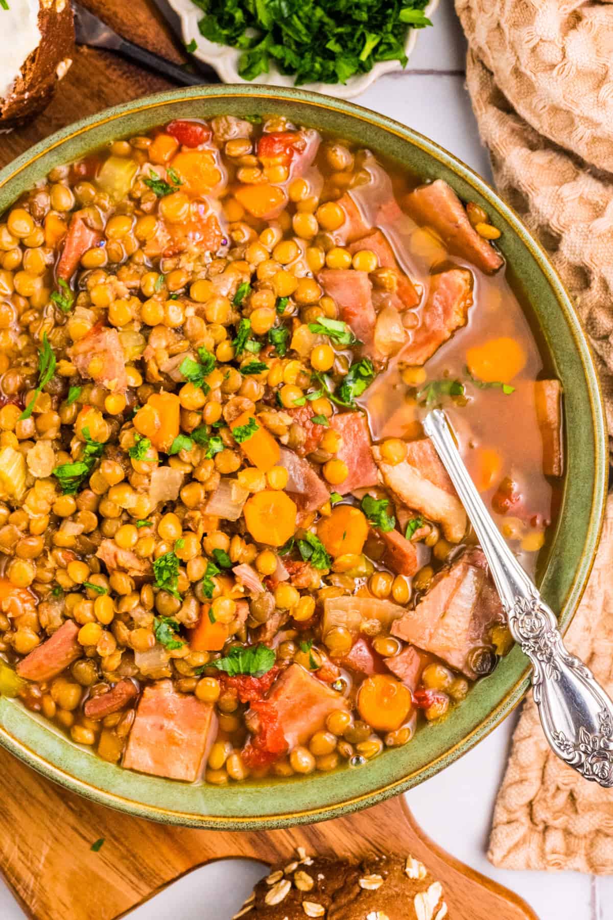Ham and Lentil Soup Ham and Lentil Soup in a green bowl.