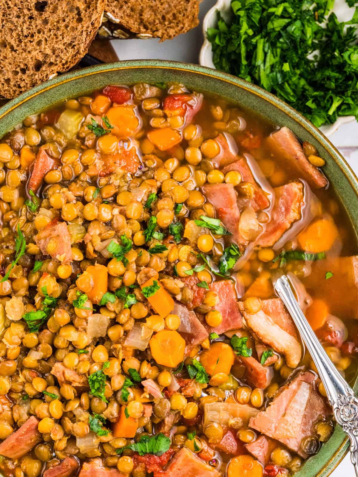 Ham and Lentil Soup Ham and Lentil Soup in a green bowl.