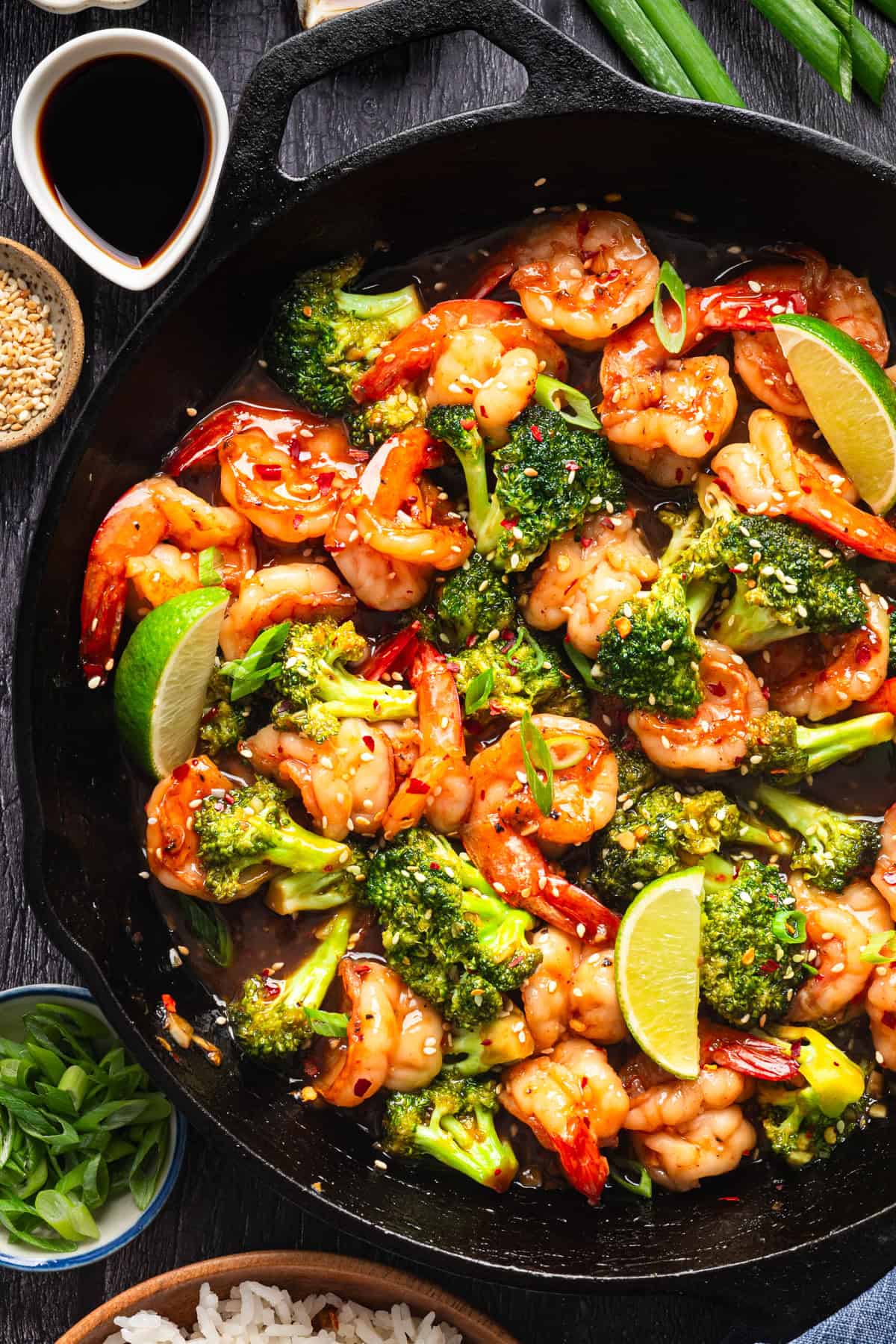 Honey Garlic Shrimp with Broccoli in a cast iron skillet.