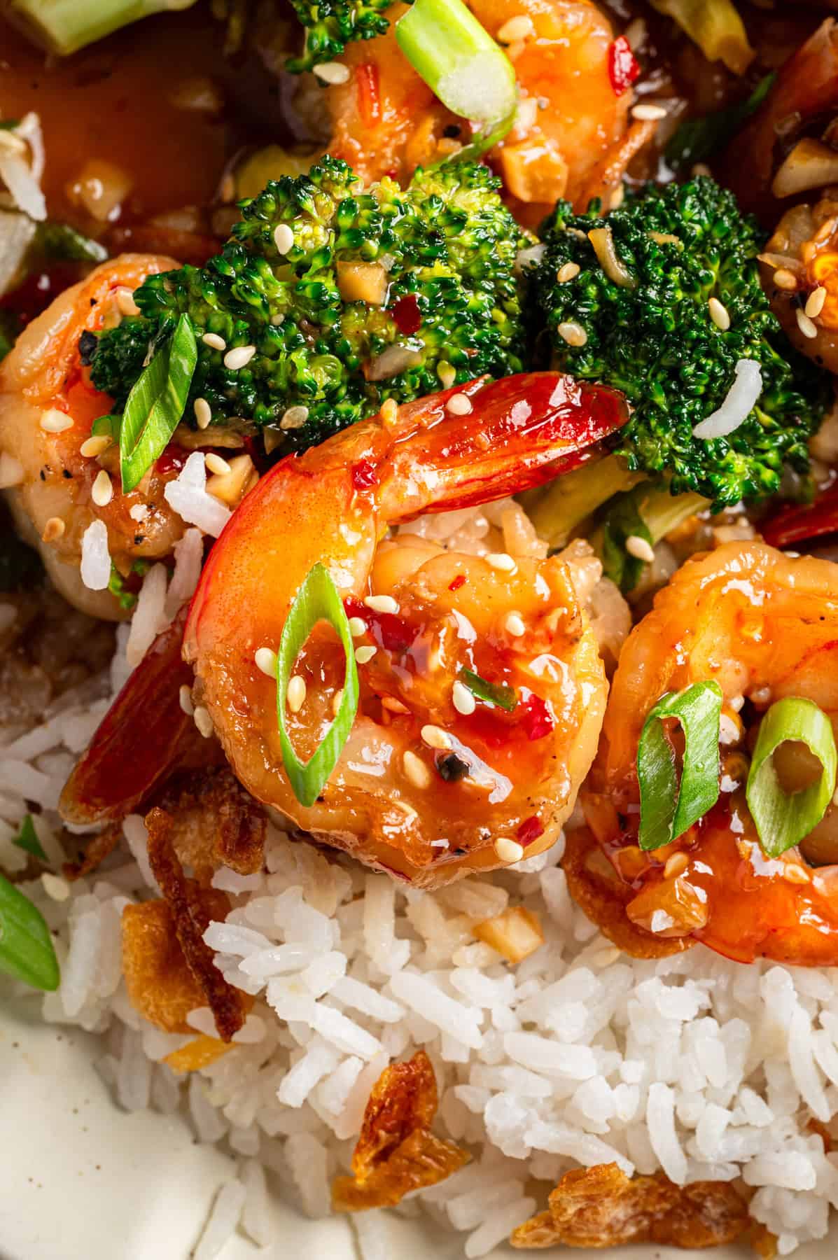 Honey Garlic Shrimp with Broccoli and Coconut Rice (close-up photo)