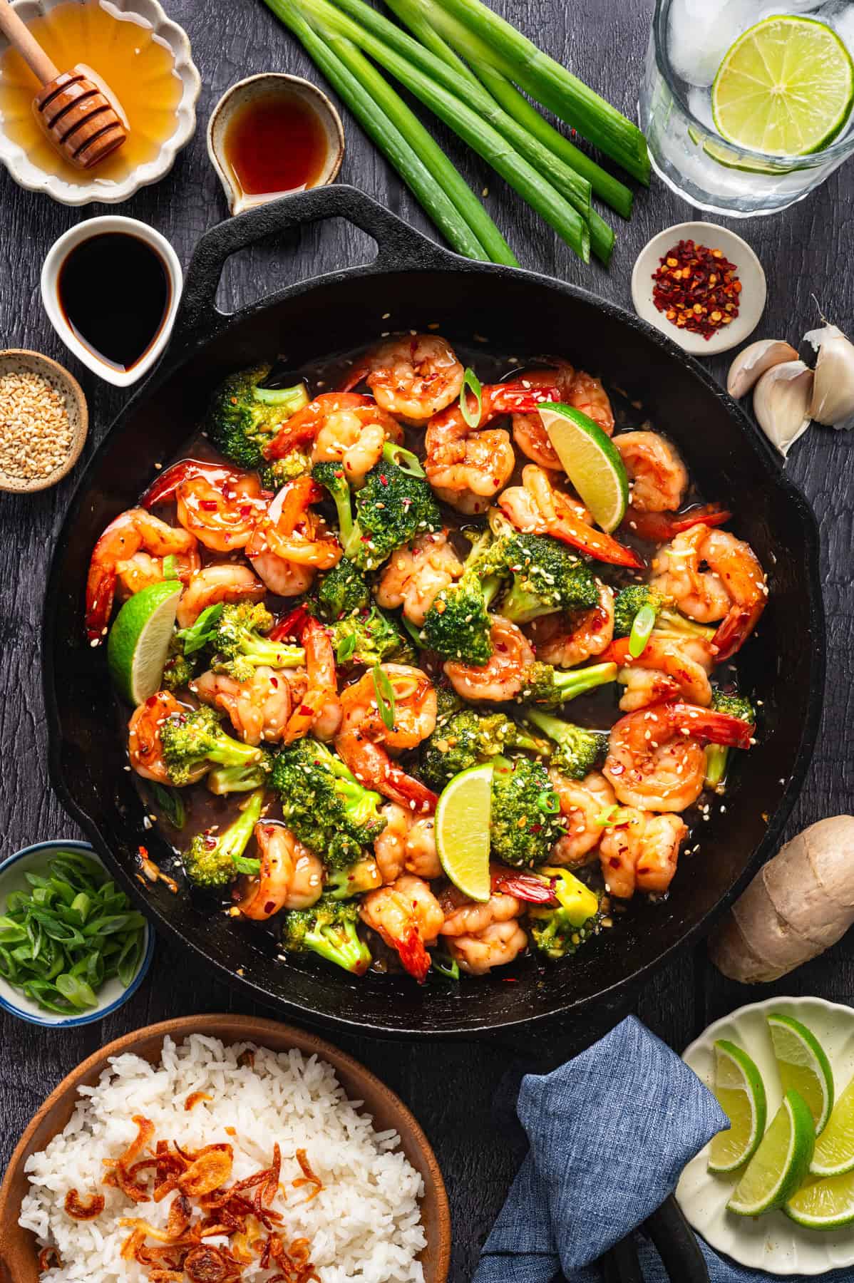 Honey Garlic Shrimp with Broccoli in a cast iron skillet.
