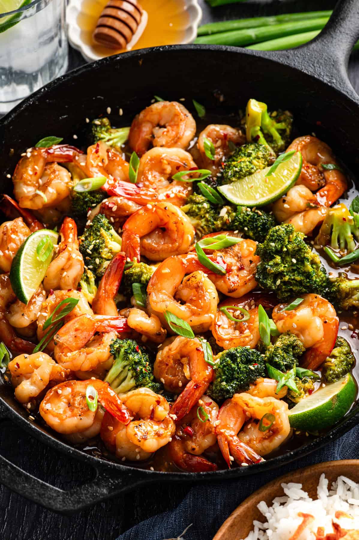 Honey Garlic Shrimp with Broccoli in a cast iron skillet.