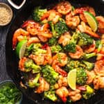 Honey Garlic Shrimp with Broccoli in a cast iron skillet.