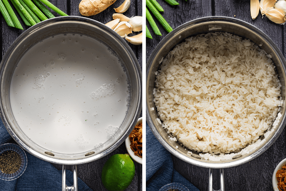 Adding jasmine rice, water, and coconut milk into a sauce pan; cooking the rice unil fluffy.