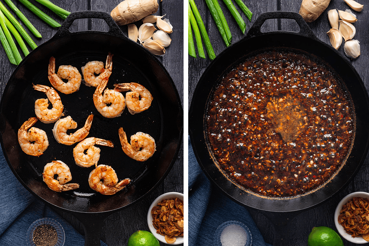 Searing the shrimp in a cast iron skillet; then adding the honey-garlic sauce into an empthy cast iron skillet.