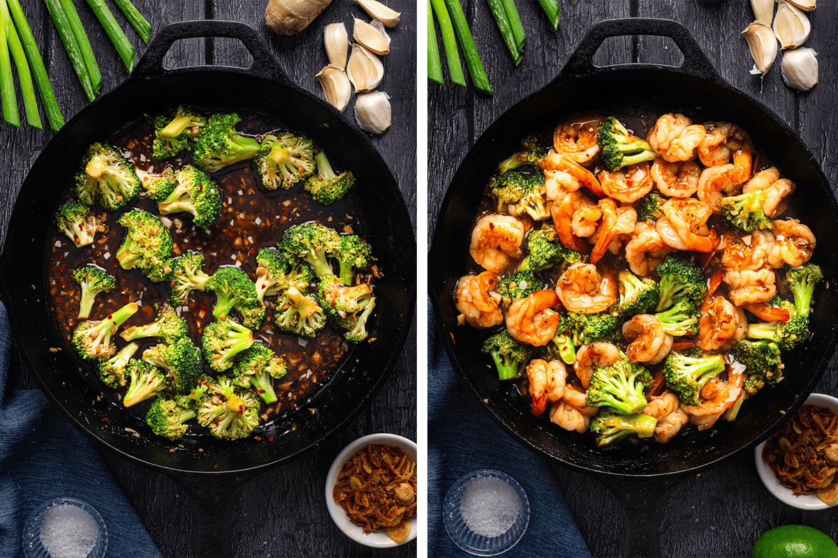 Adding broccoli florets to the honey-garlic sauce in a cast iron skillet; then returning shrimp and cooking it with broccoli and honey-garlic sauce in a cast iron skillet.