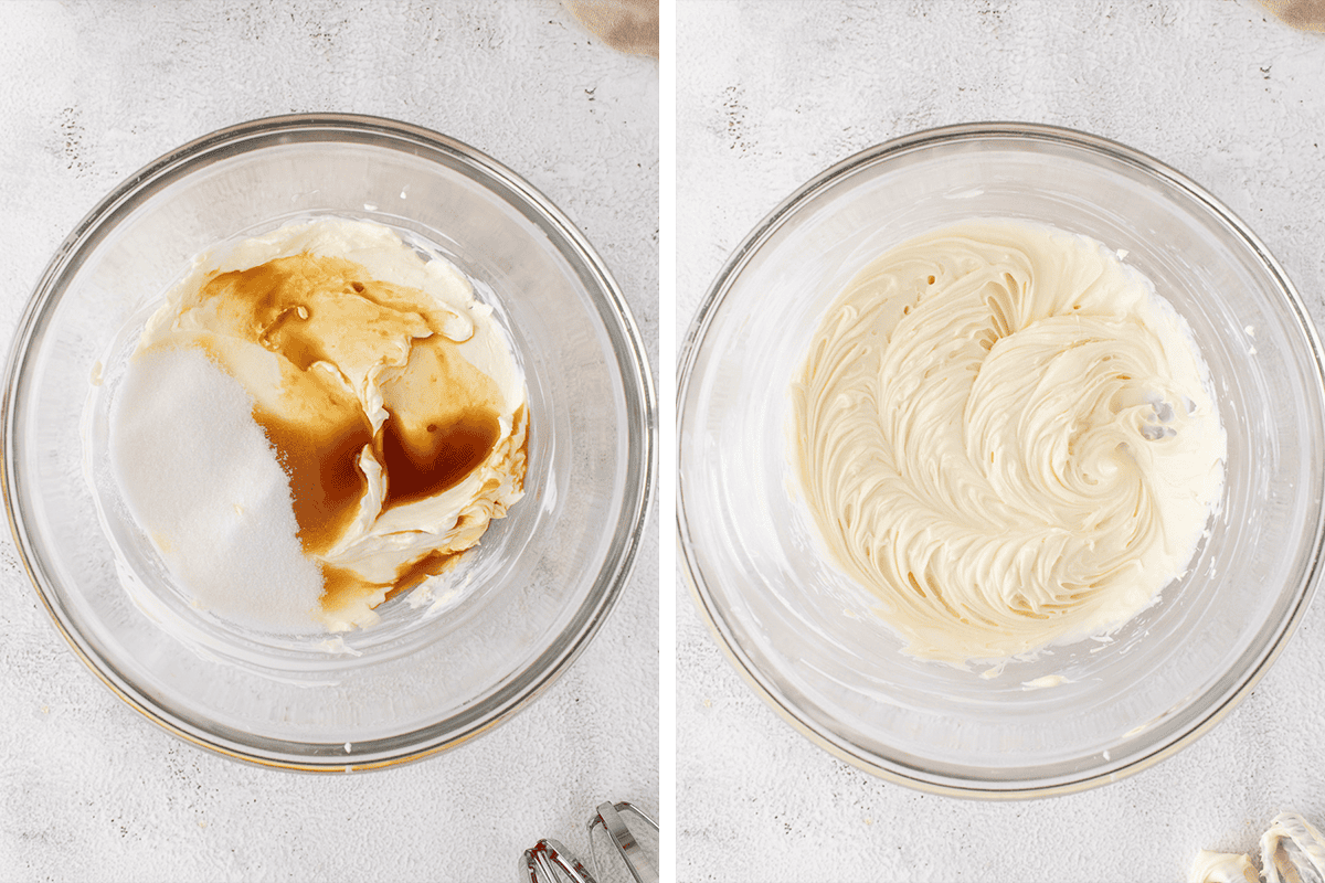 Combining cream cheese, sugar, and vanilla in a bowl and beating with a hand mixer until smooth.