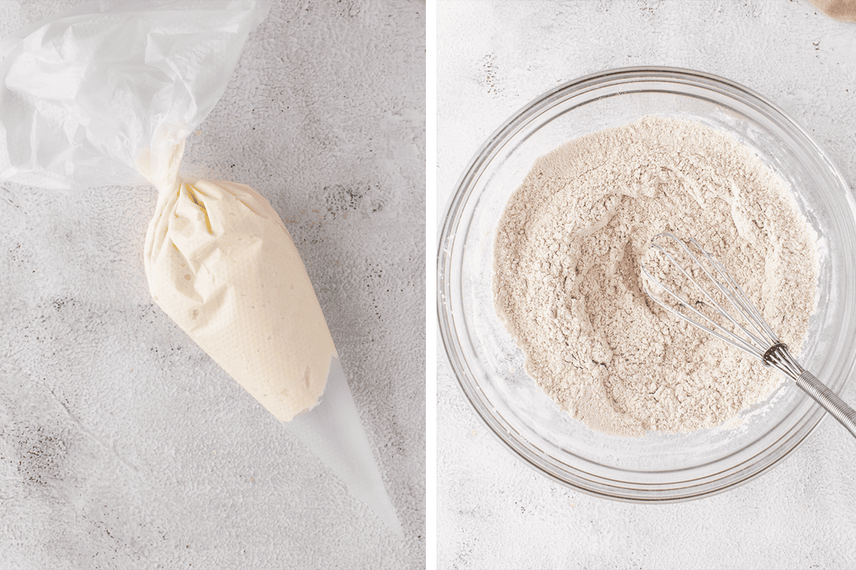 scraping the cream cheese filling into a piping bag, then combining dry ingredients (flour, baking soda, baking powder, salt, cinnamon, nutmeg, ginger, and cloves) in one bowl.