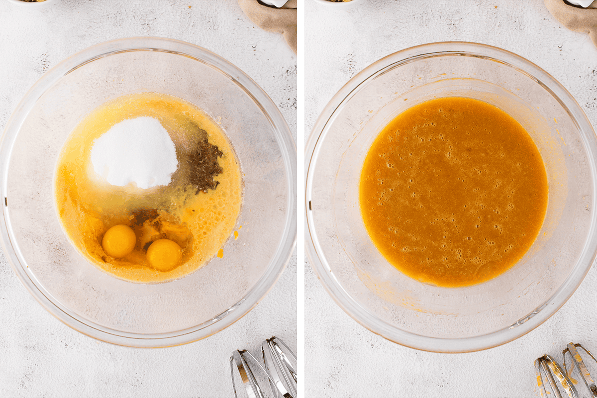 Combining wet ingredients (pumpkin purée, granulated sugar, brown sugar, oil, melted butter, milk, eggs, and vanilla) in another bowl and whisking until smooth.
