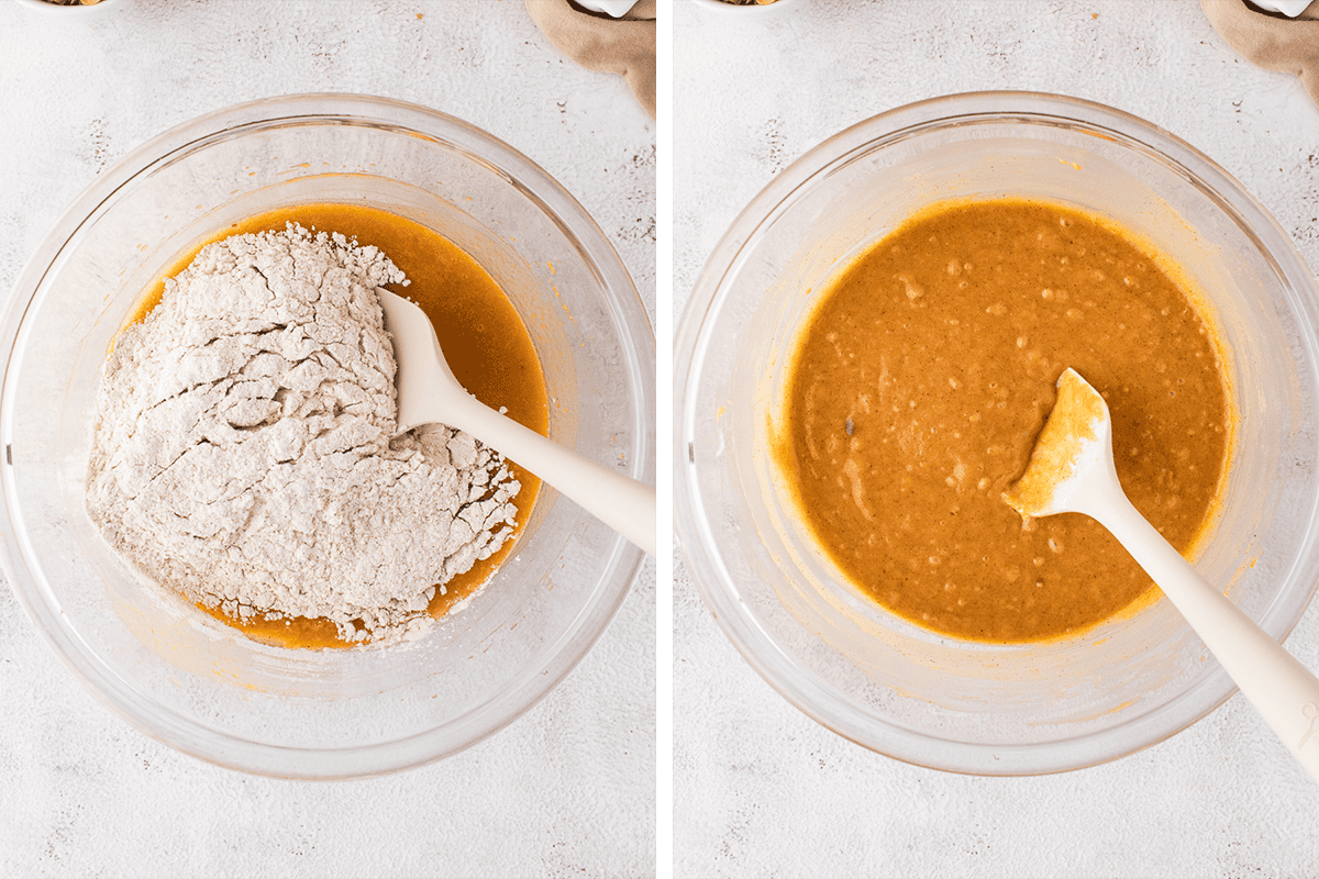 Folding dry ingredients into the wet in a bowl; and mixing just until combined.