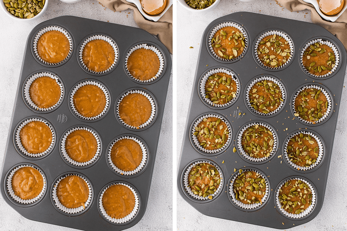Dividing the pumpkin batter among the liners in a muffins pan (¾ full); then topping the muffins tops with pepitas.
