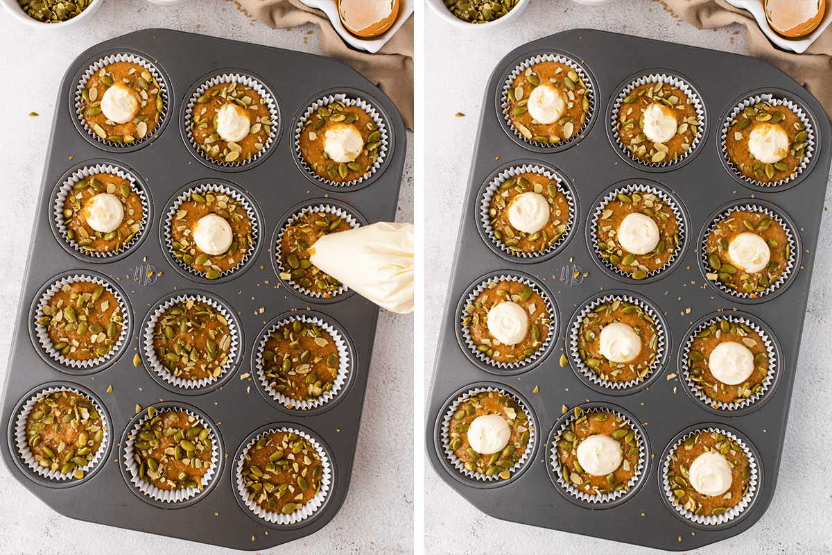 Piping 1 tablespoon of the chilled cream cheese into the center of each muffin; then sprinkle with raw sugar and pumpkin seeds. 
