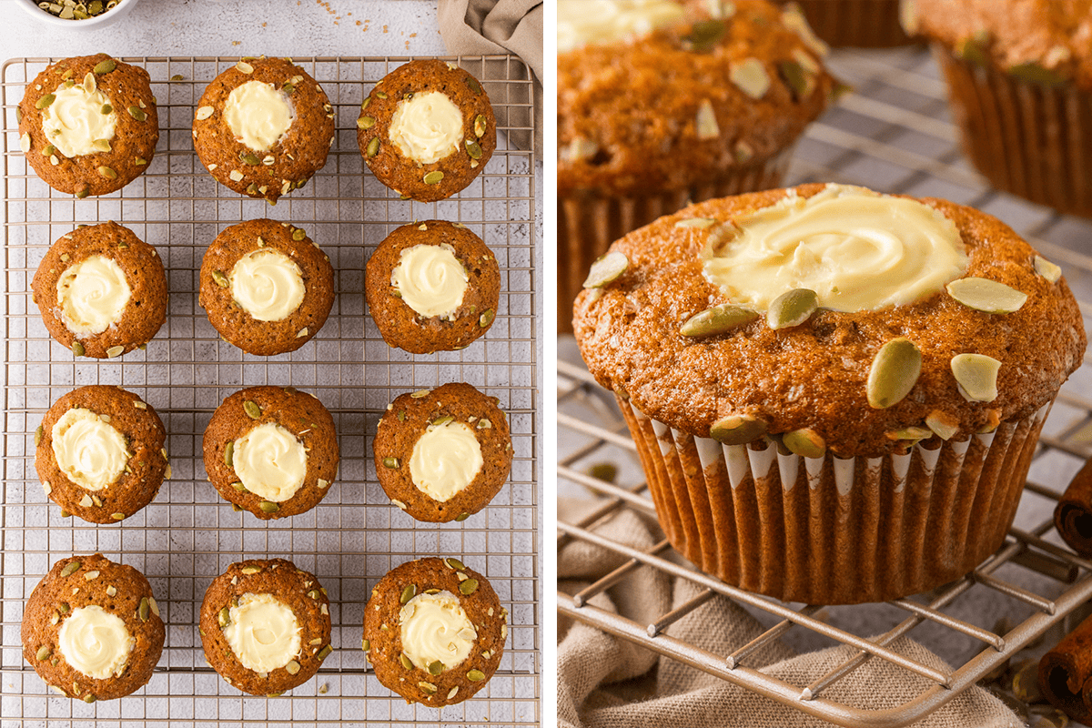 12 pumpkin cream cheese muffins on a cooling rack; the close-up photo of one muffin on a cooling rack.