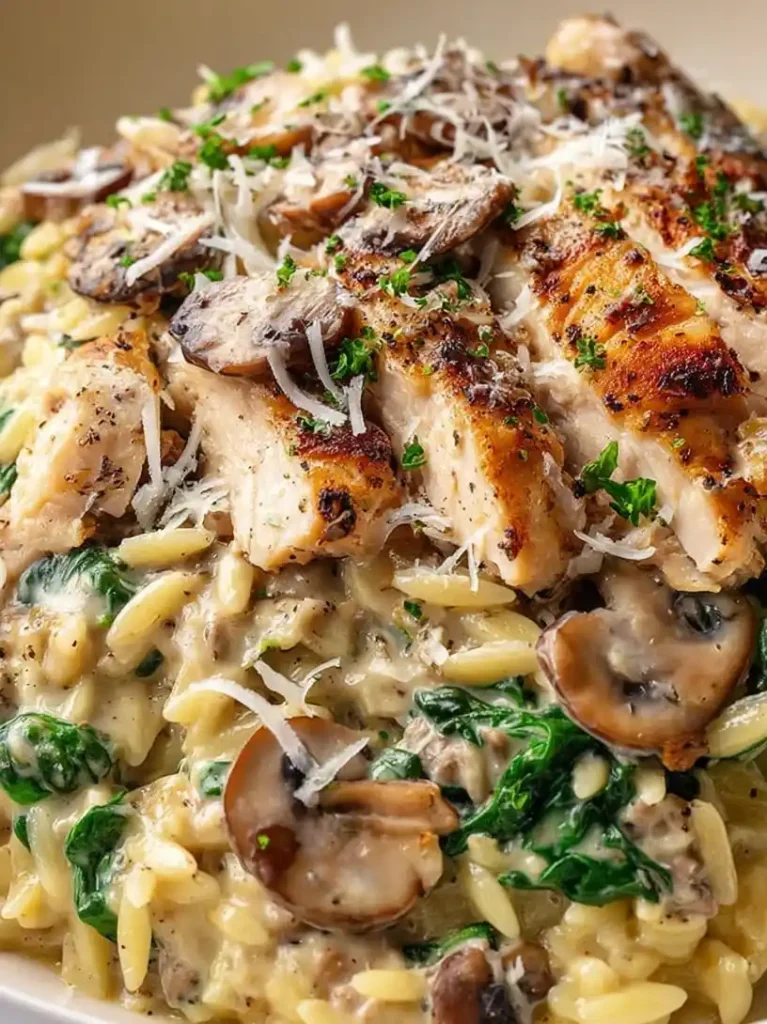 Spinach Mushroom Orzo with Chicken close up