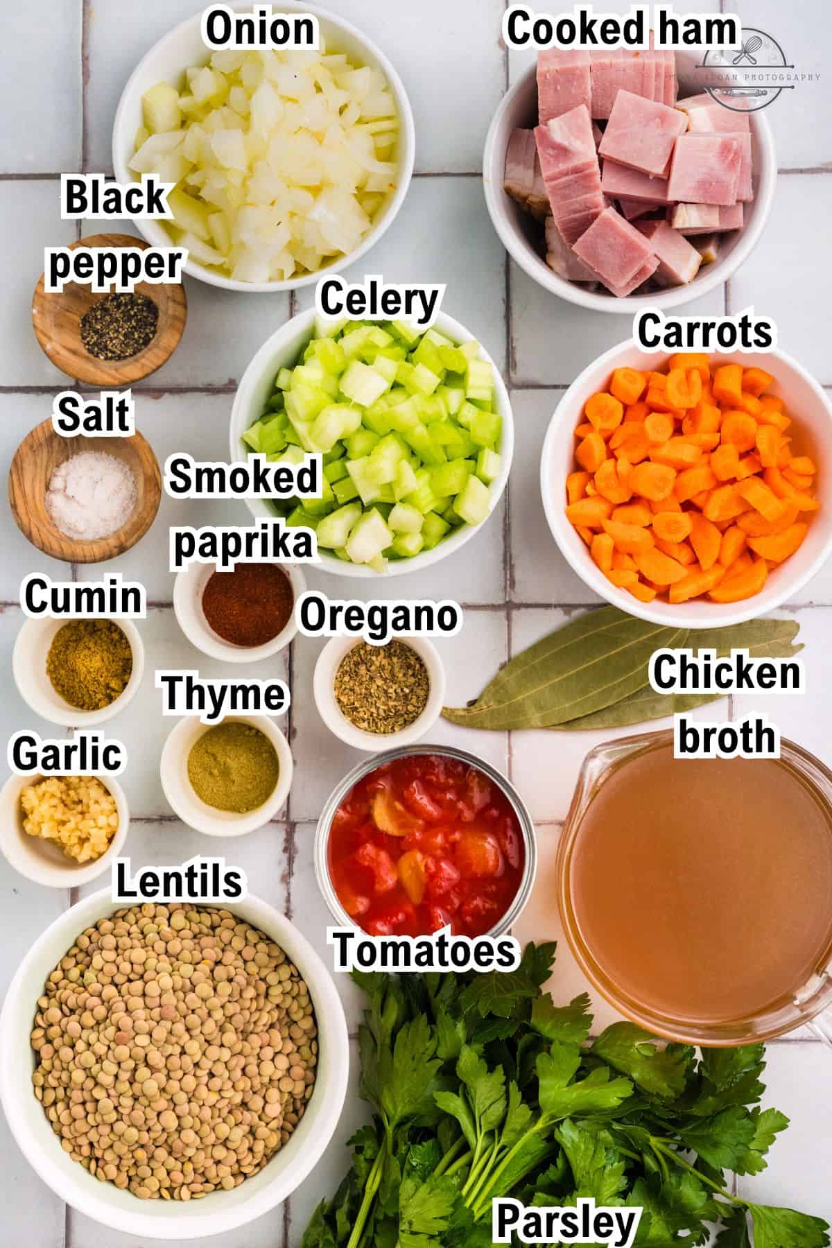 The Ingredients for Ham and Lentil Soup This photo shows all the ingredients (labeled) for Ham and Lentil Soup.