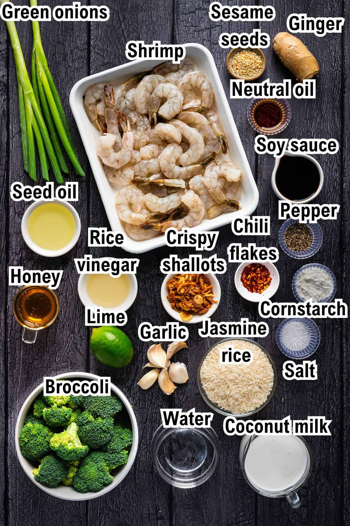 This photo shows all the ingredients (labeled) to make Honey Garlic Shrimp.
