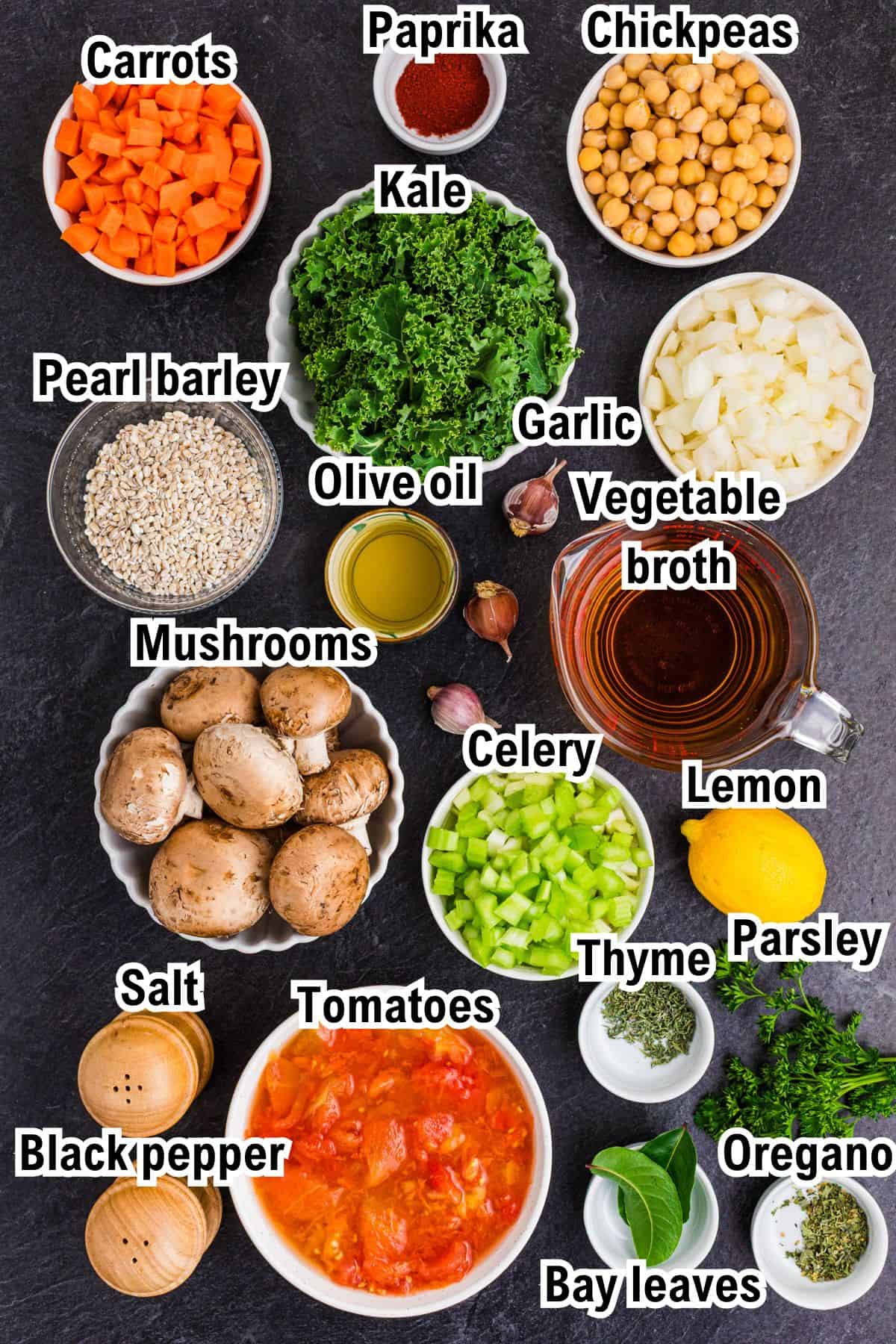 The Ingredients for Vegetable Barley Soup This photo shows all the ingredients (labeled) for Vegetable Barley Soup.