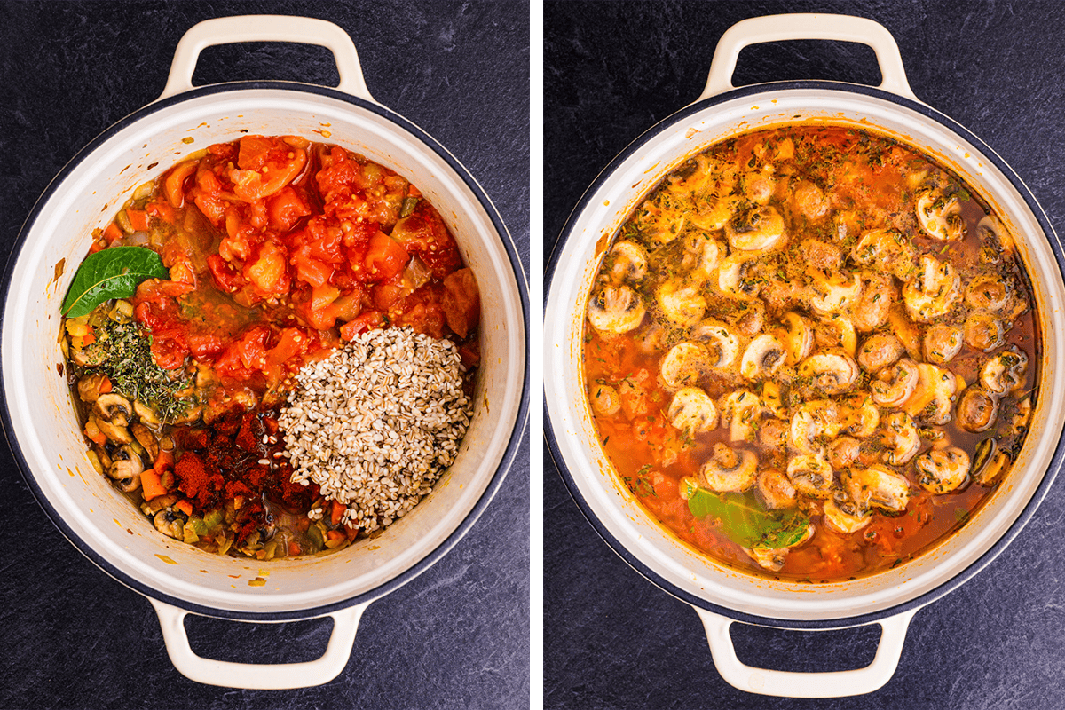 How to Make Vegetable Barley Soup Adding barley, diced tomatoes (with juices), thyme, oregano, smoked paprika, bay leaves, salt, and pepper to the large stockpot and then pouring broth.