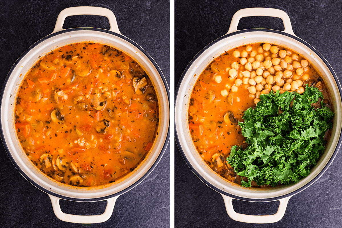 How to Make Vegetable Barley Soup Simmering the soup until barley is tender; then adding chickpeas and fresh kale to the stockpot with the soup.