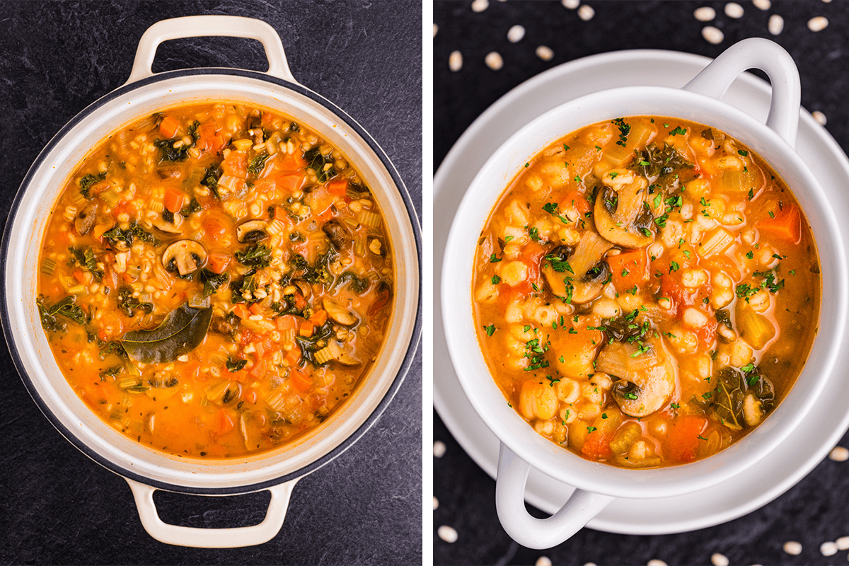 How to Make Vegetable Barley Soup Vegetable Barley Soup in a white stockpot; vegetable barley soup in a white bowl.