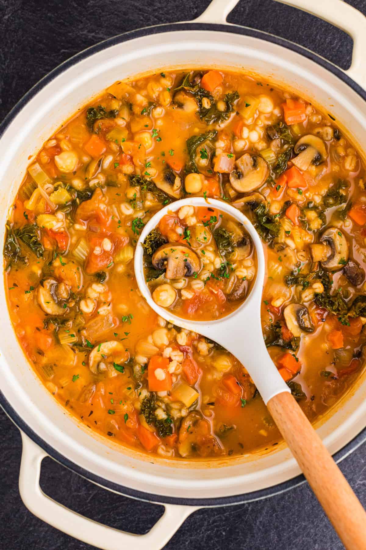 Vegetable Barley Soup Vegetable Barley Soup with Carrots, Mushrooms, Kale, Tomatoes, and Chickpeas - in white soup pot.