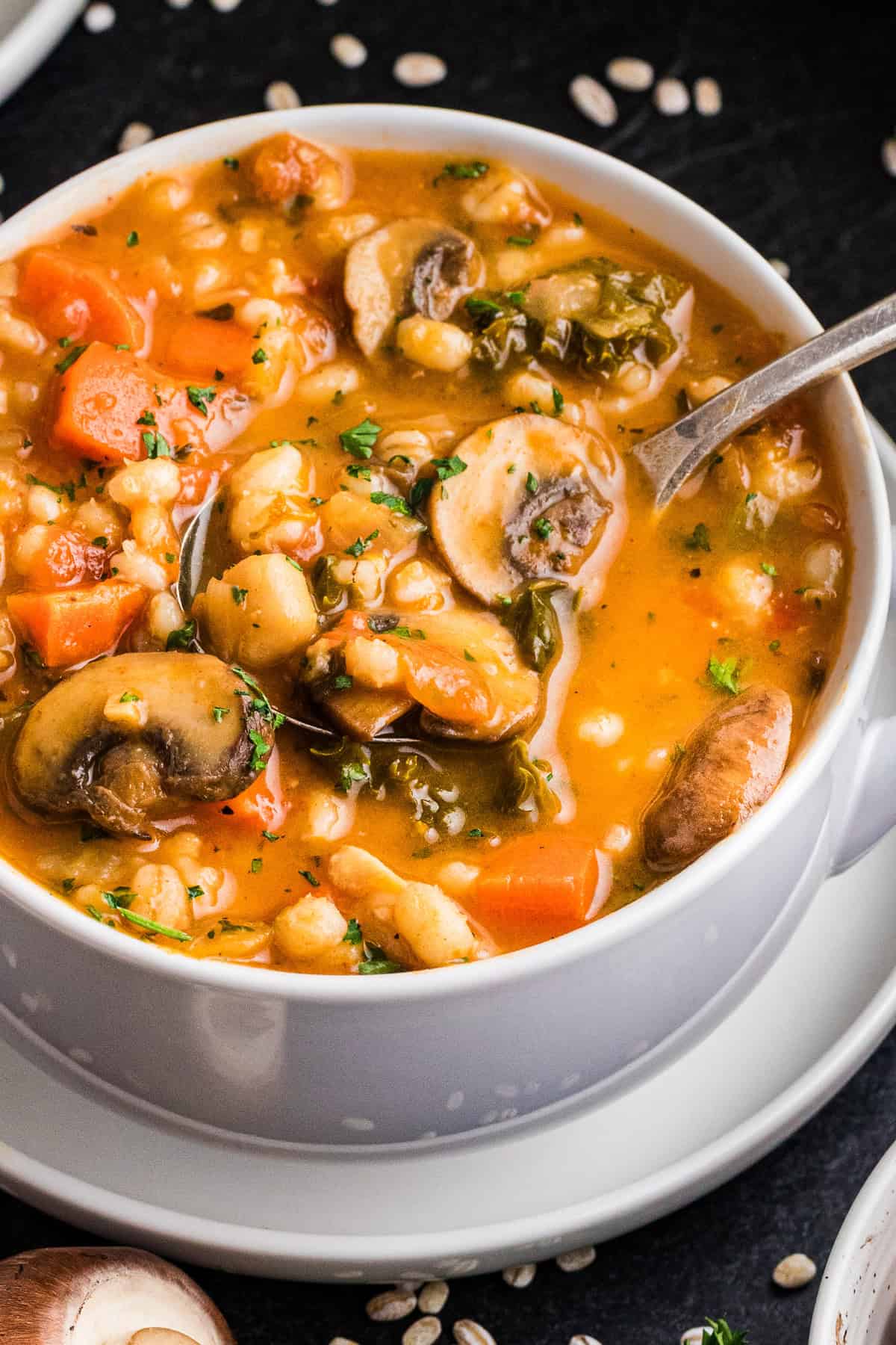 Vegetable Barley Soup Vegetable Barley Soup with Carrots, Mushrooms, Kale, Tomatoes, and Chickpeas - in white bowl.