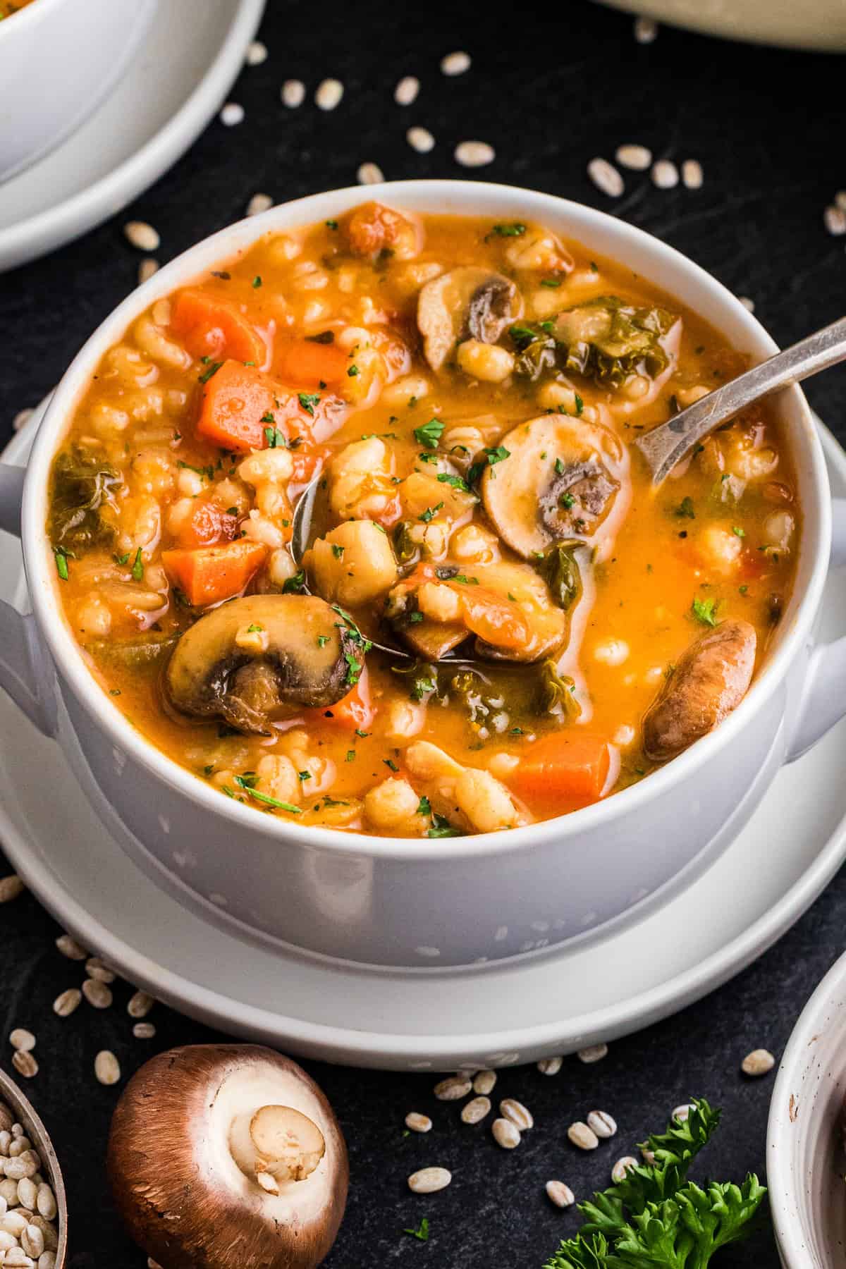 Vegetable Barley Soup Vegetable Barley Soup with Carrots, Mushrooms, Kale, Tomatoes, and Chickpeas - in white bowl.