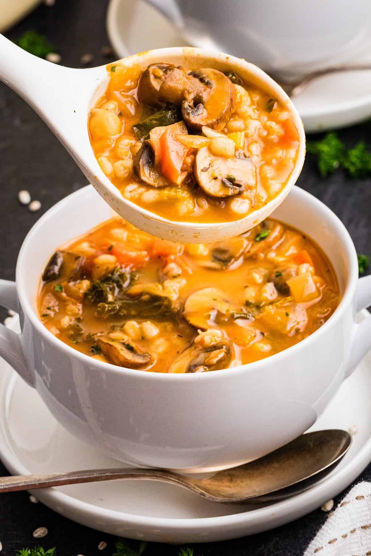 Vegetable Barley Soup Vegetable Barley Soup with Carrots, Mushrooms, Kale, Tomatoes, and Chickpeas - in white bowl with a ladle of soup over the bowl.