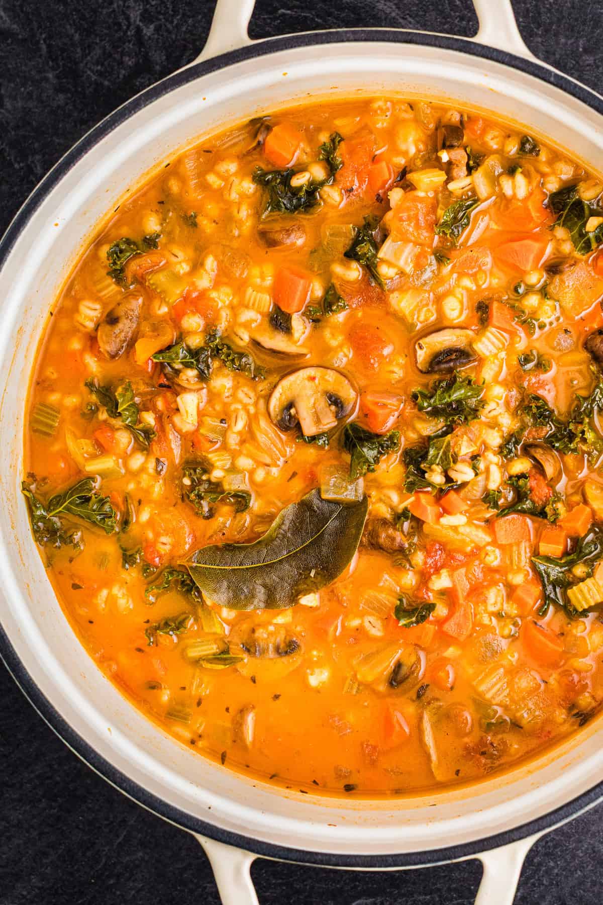 Vegetable Barley Soup Vegetable Barley Soup with Carrots, Mushrooms, Kale, Tomatoes, and Chickpeas - in white soup pot.