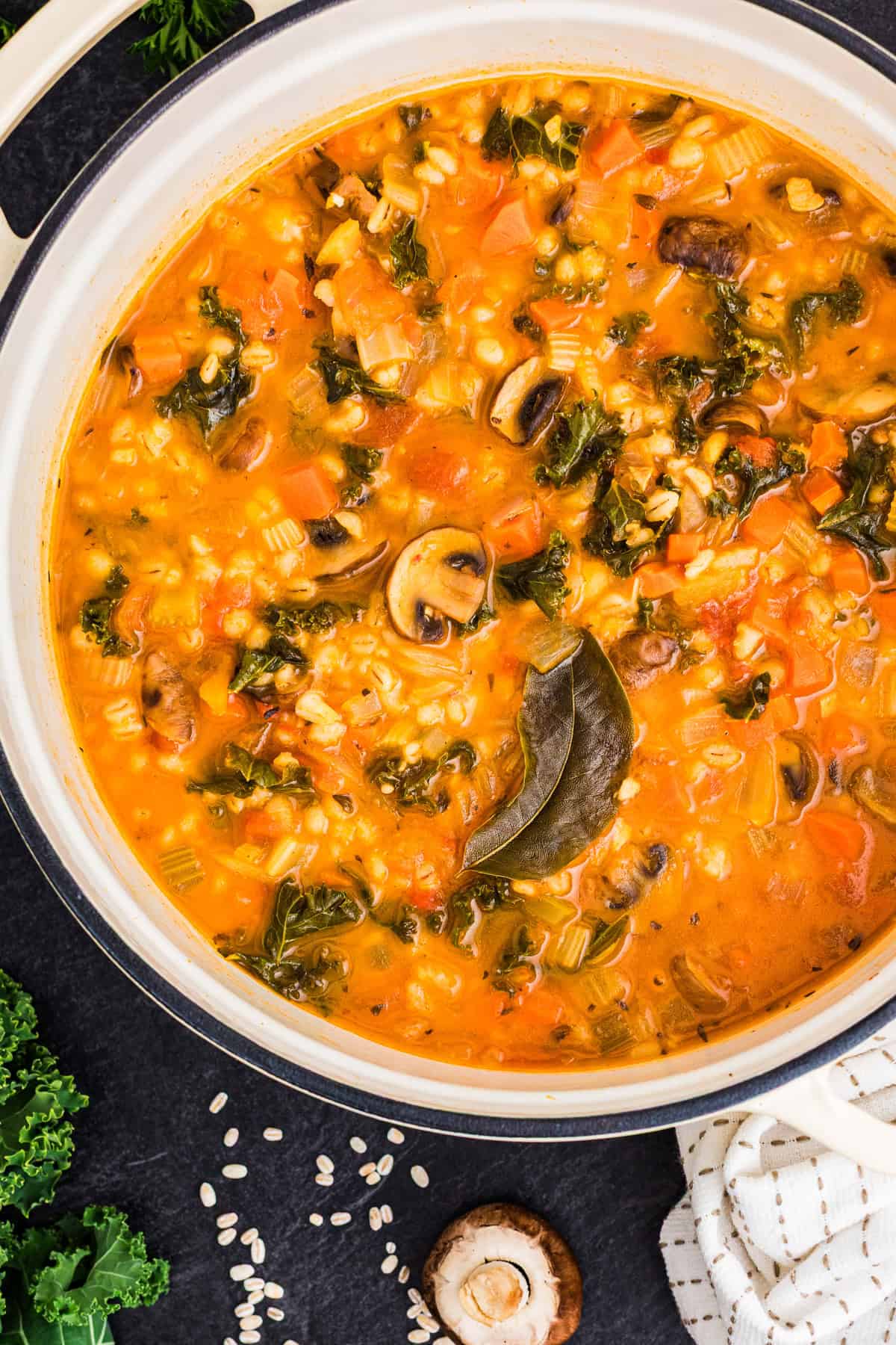 Vegetable Barley Soup Vegetable Barley Soup with Carrots, Mushrooms, Kale, Tomatoes, and Chickpeas - in white soup pot.