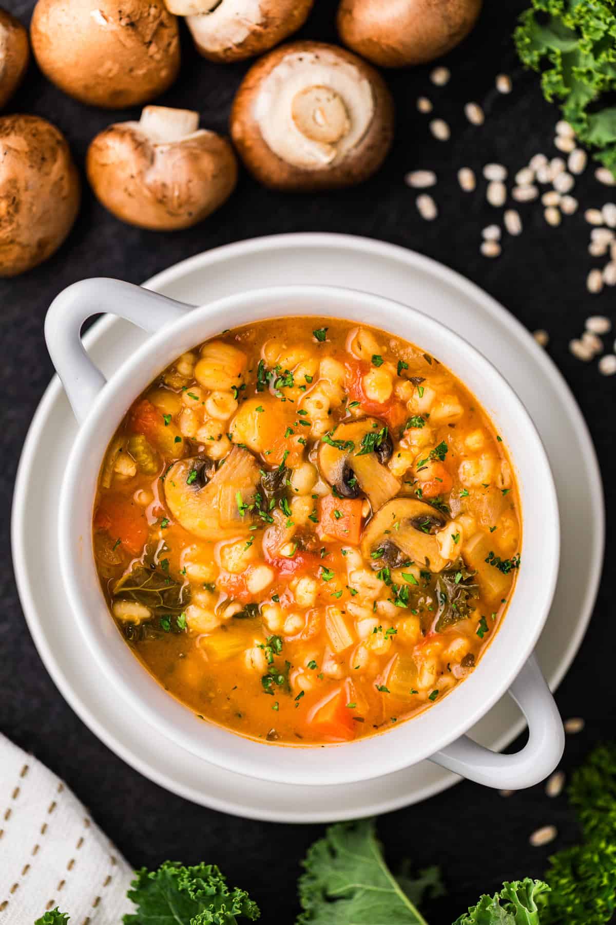 Vegetable Barley Soup Vegetable Barley Soup with Carrots, Mushrooms, Kale, Tomatoes, and Chickpeas - in white bowl.
