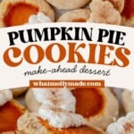a tray of pumpkin cookies and then a pumpkin cookie broken in half.