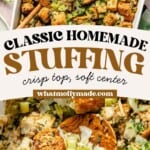 homemade stuffing in a casserole dish and then scooping a serving of stuffing out of the dish.