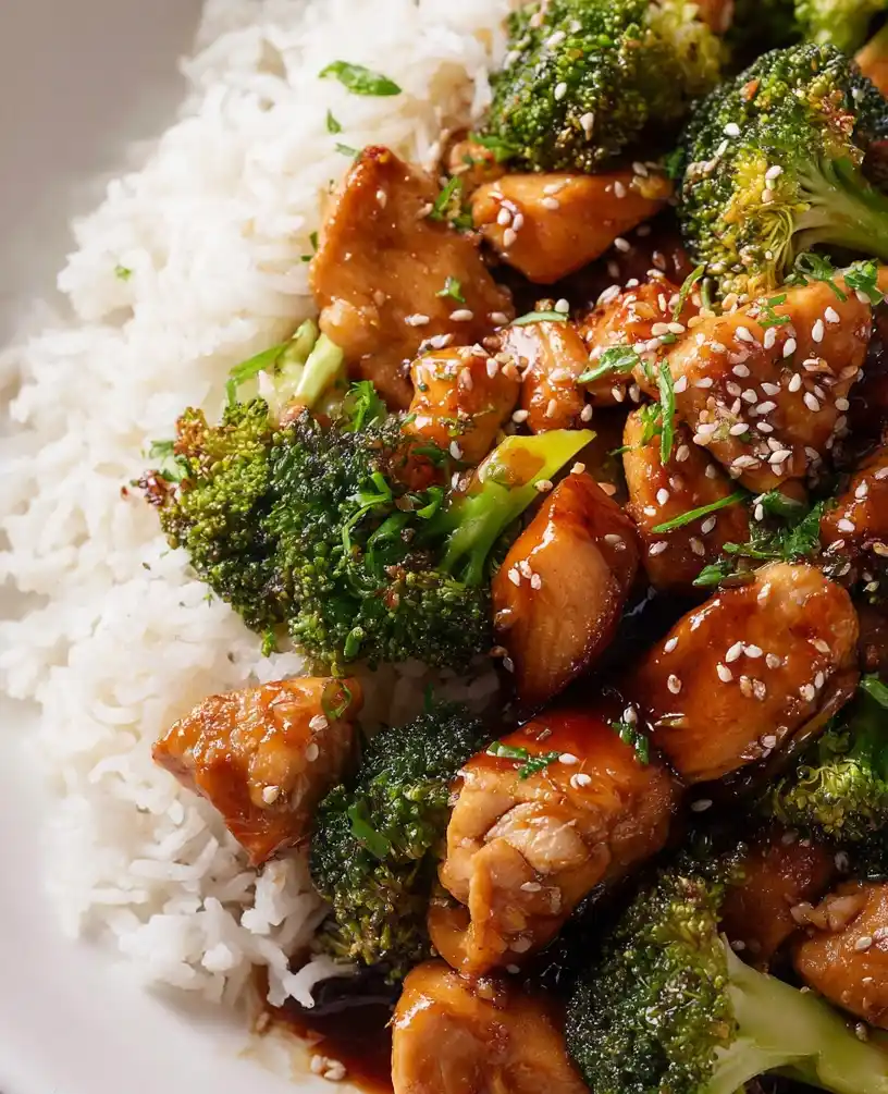 teriyaki chicken and broccoli stir fry close up